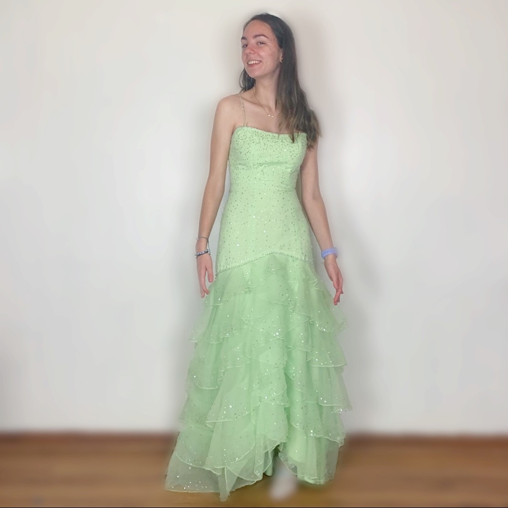 Mori lee floor length dress green ruffle sequin
